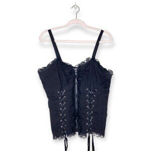 Vintage TRIPP NYC black embroidered ribbon lace up corset zipper floral lace XL